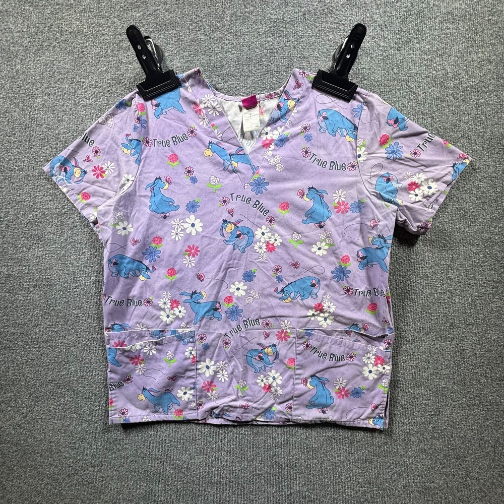 Disney Eeyore Scrub Top Women L Lavender Blue V-Neck Medical Nursing EE27A970